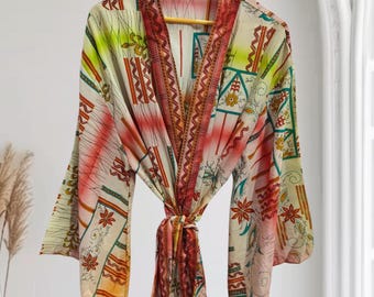 Zijden kimonojurk met bloemenprint, klokmouwen, strandloungekleding K-358