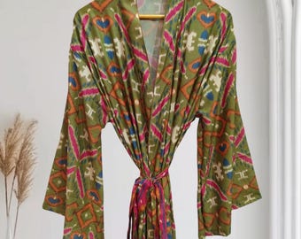 Floral Print Silk Kimono Robe, Vintage Sari Style, Free Size K-374