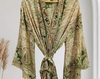 Kimono in seta con stampa floreale, abito sari lungo fino alla caviglia, abbigliamento da casa L-775