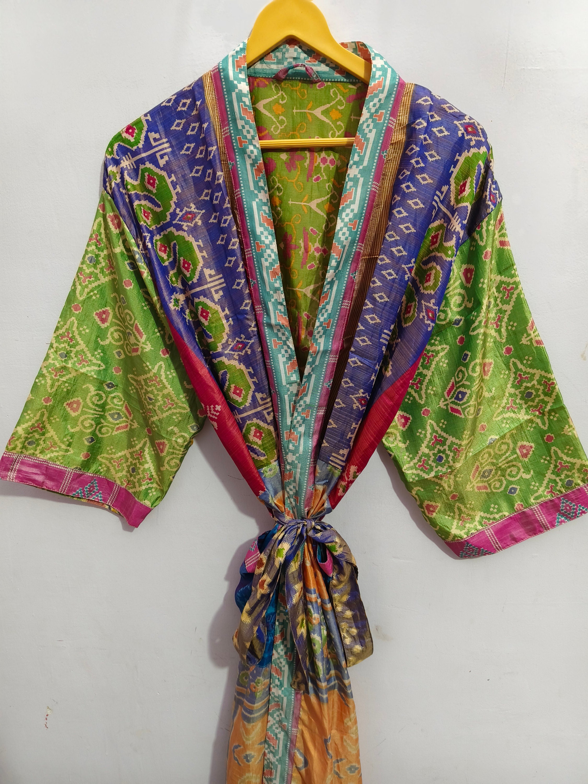 Belted Robe Multi Color Vintage Long Kimono Long Robe Night Wear Gown Patchwork Robe Swimwear Woman's Summer Sari Silk Kimono, K-01