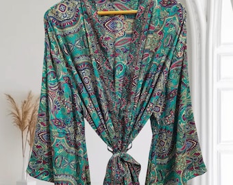 Floral Silk Kimono Robe, Ankle Length Sari Gown, Lounge Wear K-234
