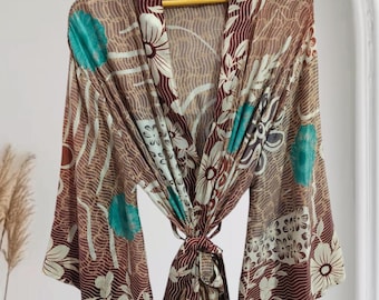 Kimono de seda estampado indio - Vestido sari con mangas acampanadas L-726