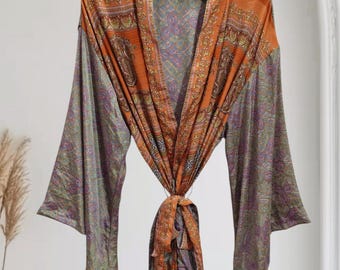 Vintage Sari Silk Kimono Morgonrock, Klockärmar, Indisk Loungekläder K-867