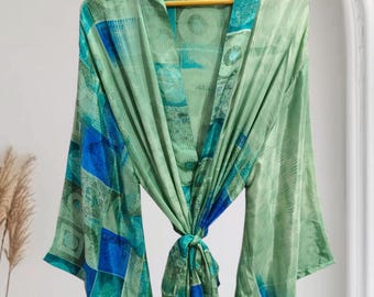 Indian Silk Kimono Robe: Free Size, Beach Party Wear, Kaftan Dress L-727