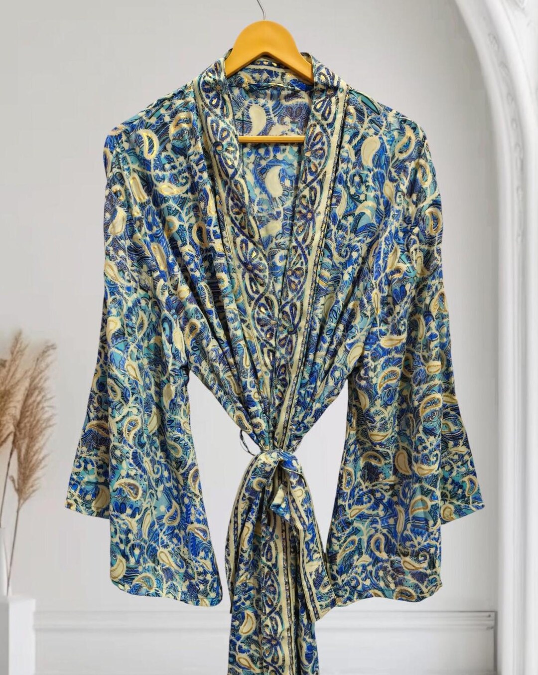 Bell Ringing Robe Floral Print Silk Kimono Robe, Bell Sleeves, Ankle Length K-515 - Etsy