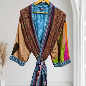 Sari Silk Kimono Robe, Patchwork Long Robe, Belted Night Wear K-6254