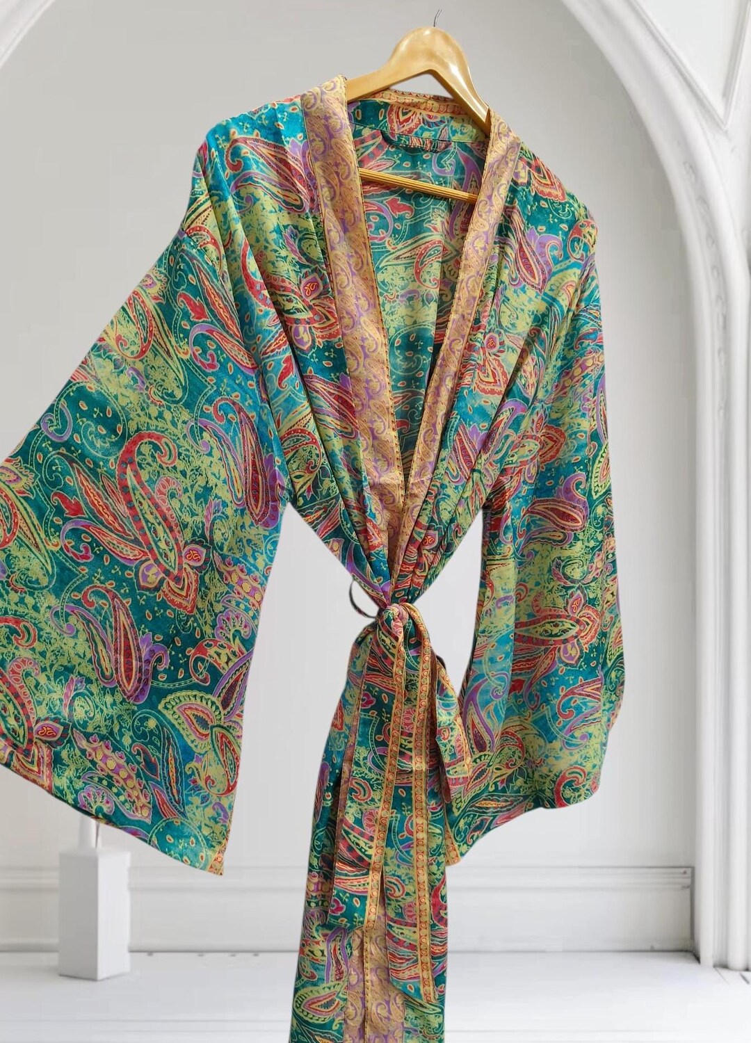Sari Robe New Silk Kimono Robe, Bell Sleeve Sari Robe, Indian Lounge Wear K-231 ...