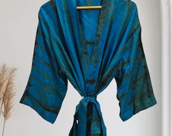 インドプリントシルクサリー着物ローブ、ブライダルガウン B-6126