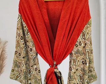 Kimono largo de seda, sari con estampado floral, pareo de playa K-736