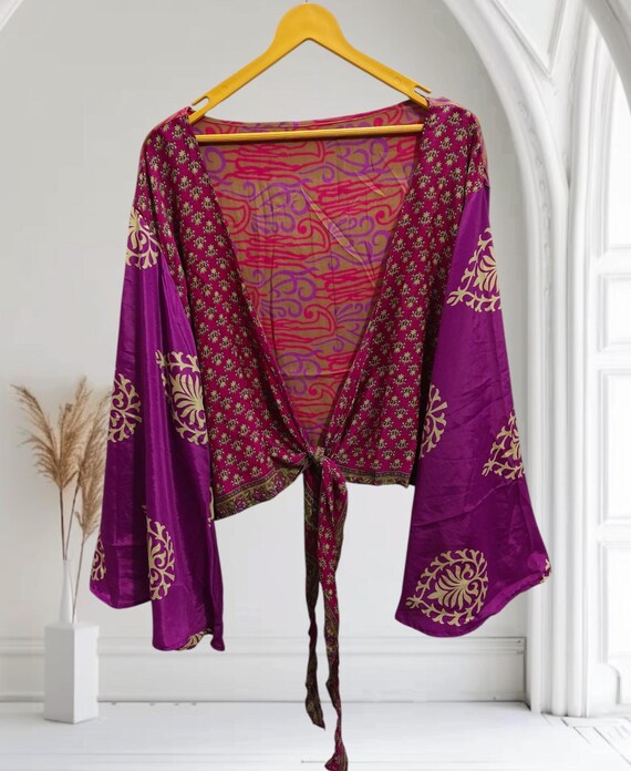 Bell Sleeves Tank Top Silk Shirt, Hippie Front Tie Summer Top