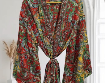 Zijden kimonojurk met bloemenprint, wijde mouwen, loungekleding K-281