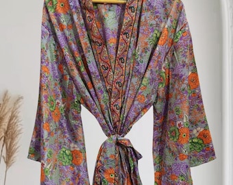 Ny sidenkimono-morgonrock, sari-morgonrock med klockärm, indisk loungekläder K-770