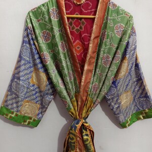 Christmas Day Gift For Her Long House Recycled Sari Silk Indian Kimono  Patchwork Summer Bathrobe Sari Silk Kimono Bathrobe Beachwear, K-17