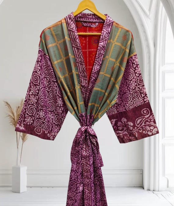 japanese style dressing gown Vintage Silk Kimono Robe, Gown, Handmade B-5222 Casual_azul