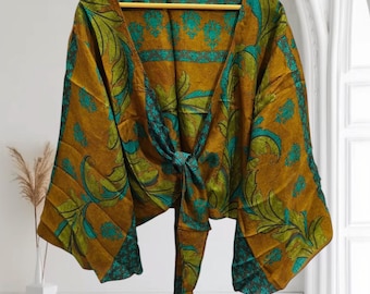 Soft Silk Crop Top Silk Tie Top, Handmade Indian Wrap Top, Hippie Front Tie Summer Top, Wrap Around Silk Tunic, Summer Crop Top TP-262