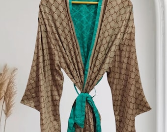 Kimono lungo con maniche a campana, kimono in seta stile sari vintage con stampa floreale, K-866