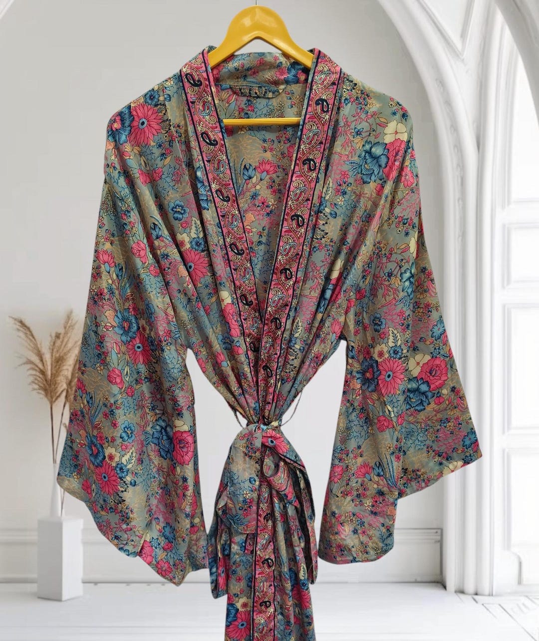 Floral Print Silk Kimono Robe, Bell Sleeves, Ankle Length K-174 - Etsy