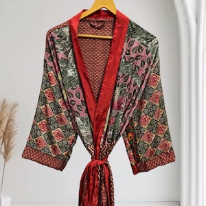 Vintage Sari Silk Kimono Robe, Patchwork Long Gown, Belted, K-6256