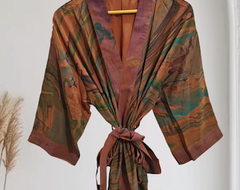 Kimono de seda teñido con la técnica tie-dye, sari vintage, pareo de playa T-6167
