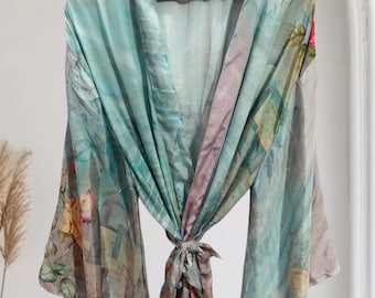 Kimono largo de seda con mangas acampanadas, estampado floral de cachemir, estilo sari vintage, B-725