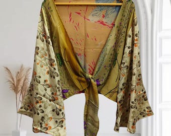 Plus Size Dressing Gown Summer Short Tie Top Beach Wear Patchwork Top Luxury Gifts for Her Night Wear Soft Top,  TP-93