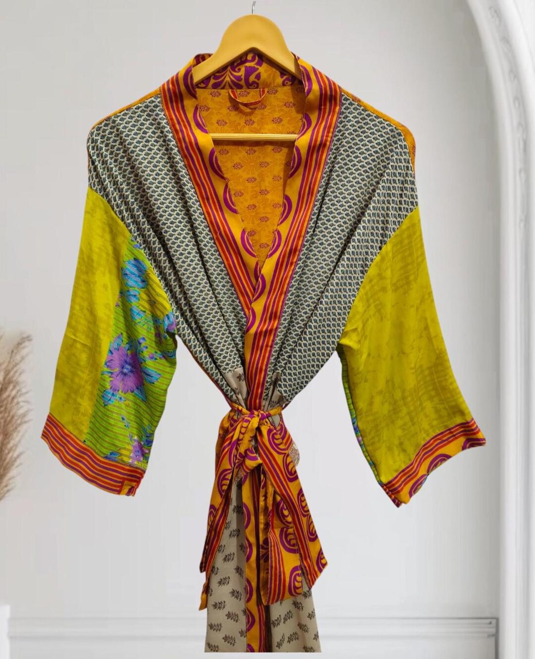 Sari Robe Handmade Sari Silk Kimono Robe, Floral Patchwork Bathing Gown, K-5978 ...