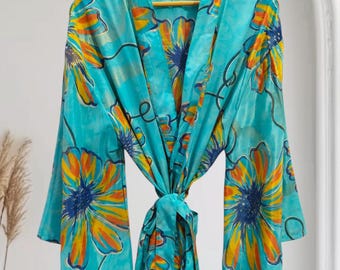 Zijden kimonobadjas, vintage sari-jurk met bloemenprint K-687