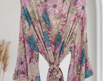 Kimono largo de seda con mangas acampanadas, estampado floral de cachemir, estilo sari vintage, B-735
