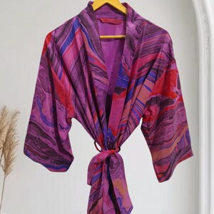 Plus Size Sari Silk Kimono Robe, Colorful Patchwork, Beach Cover Up K-6087