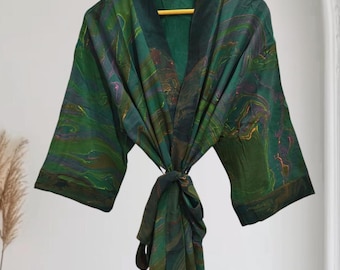 Kimono de seda teñido con la técnica tie-dye, sari vintage, pareo de playa T-6174