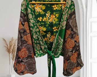 Free Size Floral Print Shirt Handmade Indian Wrap Top, Hippie Front Tie Summer Top, Wrap Around Silk Tunic, Summer Crop Top, ETP-222