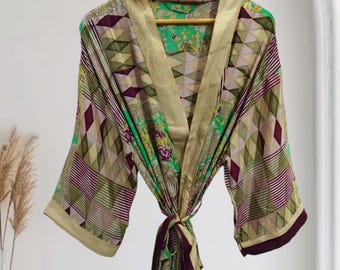 Floral Silk Kimono Robe - Teal Beige Print, Beach Cover Up B-6144