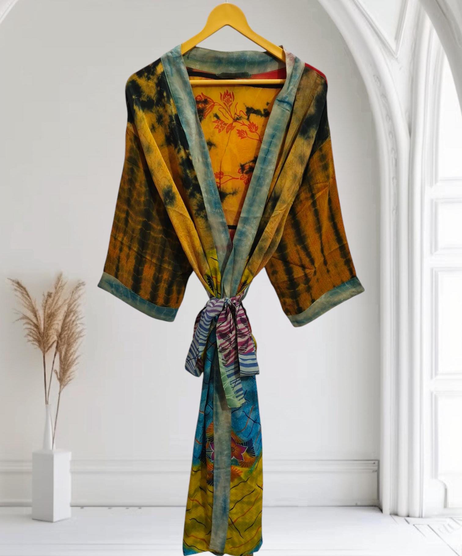 Japanese Style Bathrobe, Indian Silk Tie Dye Kimono, Robe, Silk Robe ...