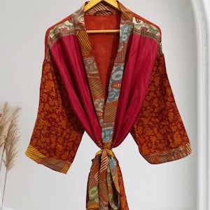 Patchwork Recycled Sari Silk Kimono Robe For Woman's, K-5712