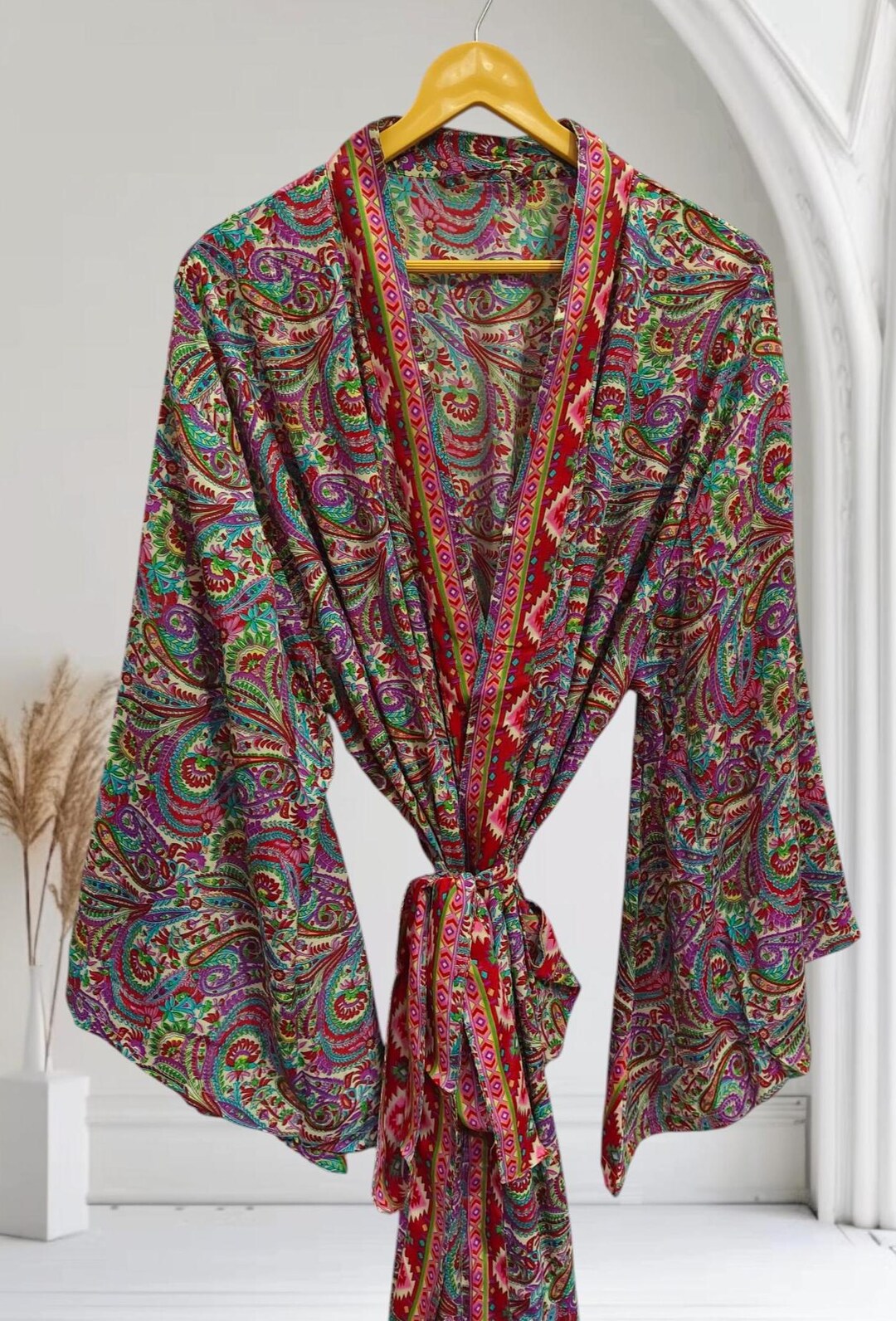 Bell Ringing Robe Floral Print Silk Kimono Robe, Bell Sleeves, Ankle Length K-176 - Etsy