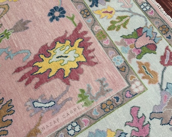 Tapis Oushak noué à la main à fleurs roses 6 x 9 8 x 10 9 x 12 et 10 x 14 couleurs pastel Oushak Rug Salon Tapis contemporain Tapis et moquettes traditionnels
