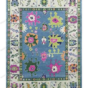 8x10/9x12 Blue Pink Oushak Rug Best Design Contemporary Rug Hand Knot pastel Oushak Rug Living Room Traditional Turkish Oushak Area Rug