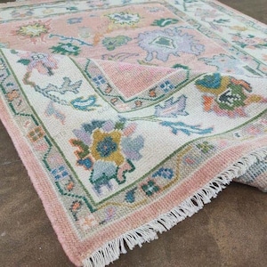 Oushak Rug Hand Knotted Pink Floral Rugs 8x10 9x12 10x14 Pastel Large Oushak Rug Living Room Contemporary Rug Traditional Carpets and Rugs