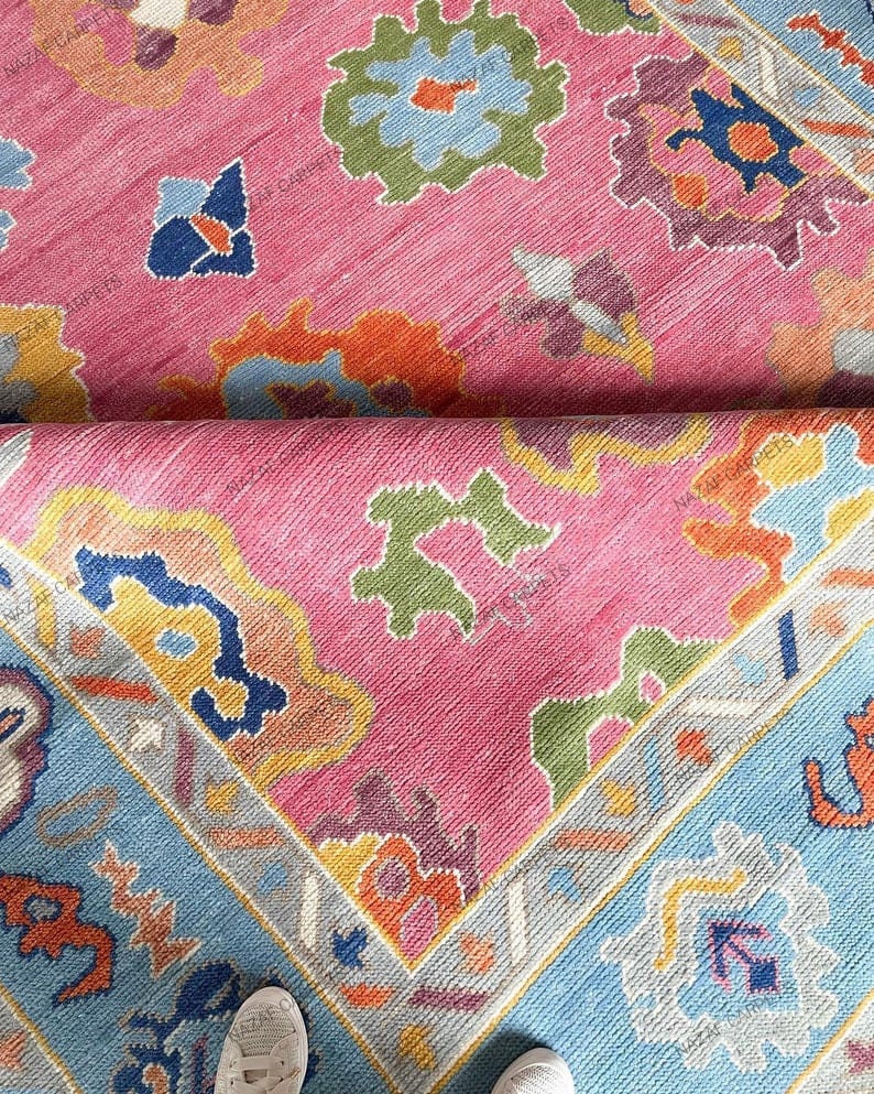 Oushak Rug Hand Knotted Blue Pink Floral Rugs 6x9, 8x10, 9x12 Pastel