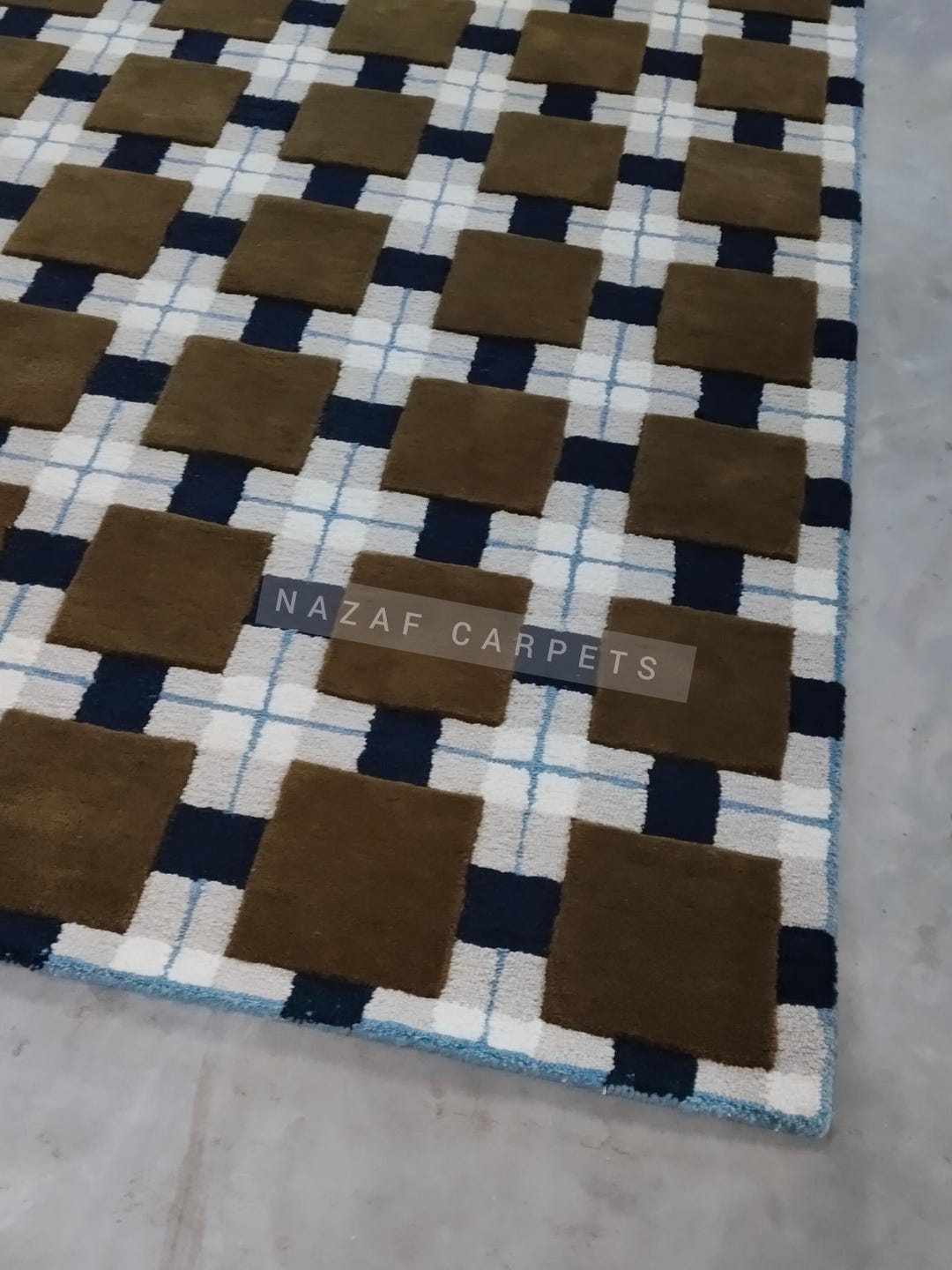 Handmade Wool Checkered Rug | Brown & Blue Geometric Carpet - Etsy