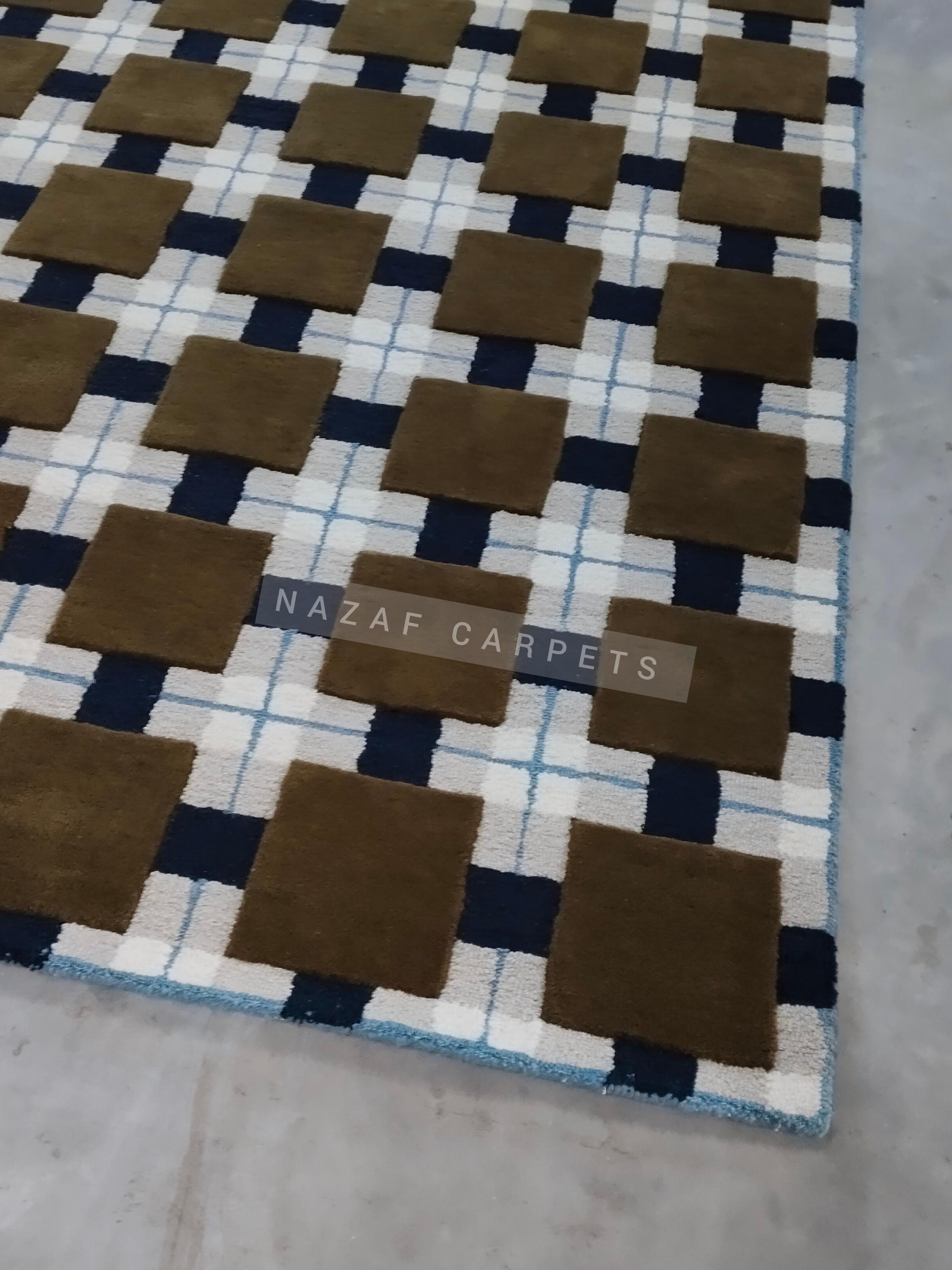 Handmade Wool Checkered Rug | Brown & Blue Geometric Carpet - Etsy
