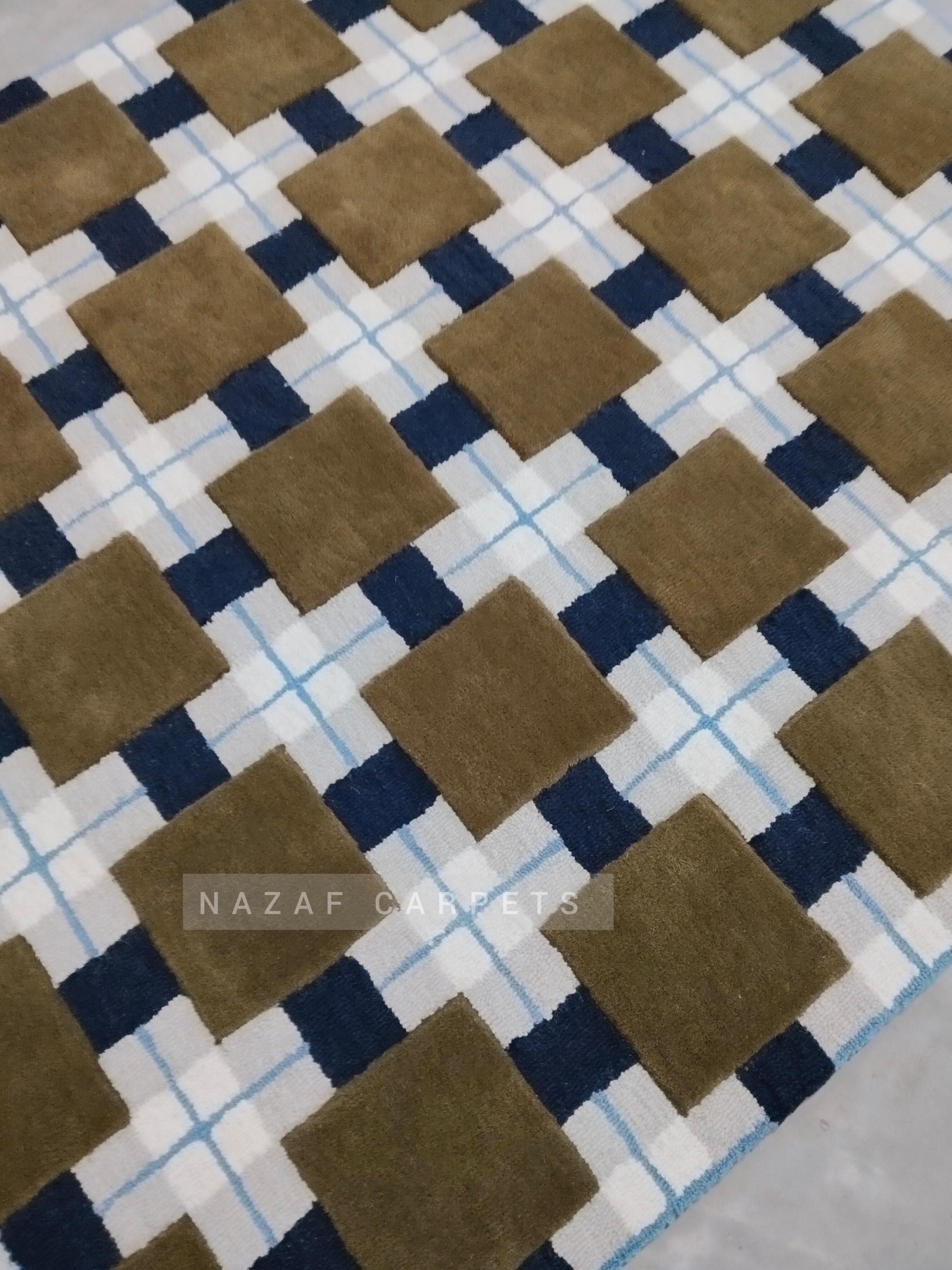 Blue Checked Rug Handmade Wool Checkered Rug | Brown & Blue Geometric Carpet - Etsy