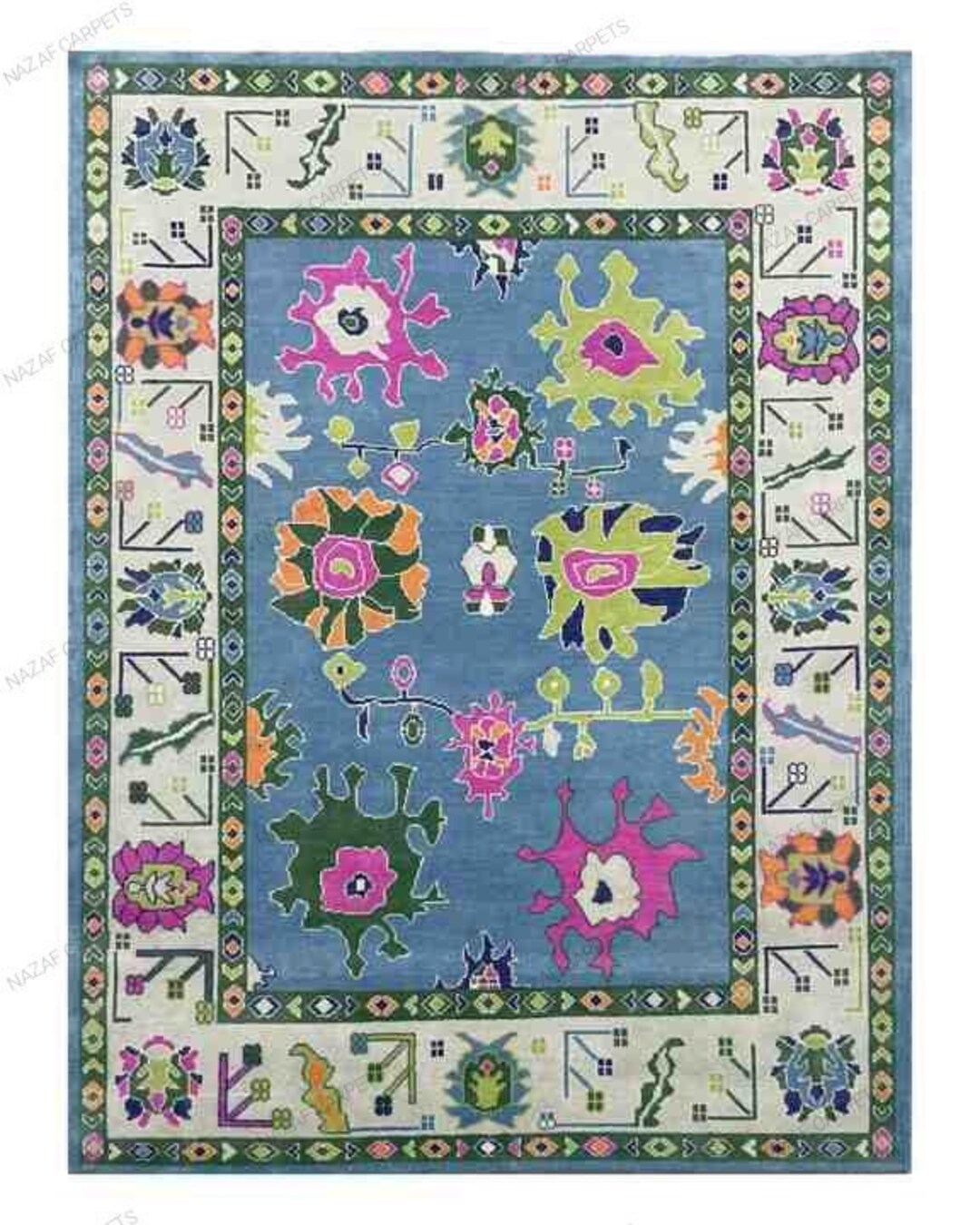 8x10/9x12 Blue Pink Oushak Rug Best Design Contemporary Rug Hand Knot