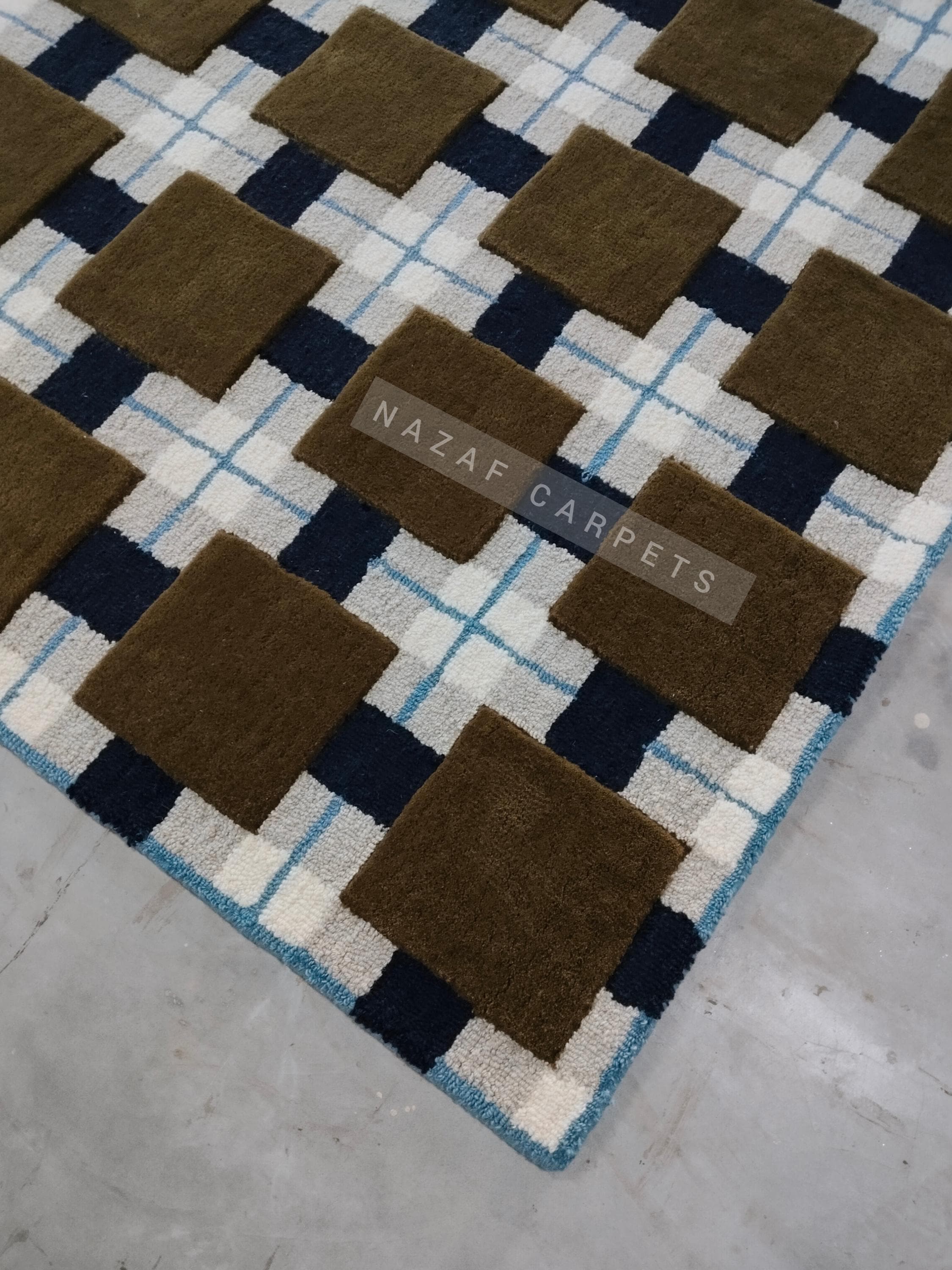 Blue Checked Rug Handmade Wool Checkered Rug | Brown & Blue Geometric Carpet - Etsy