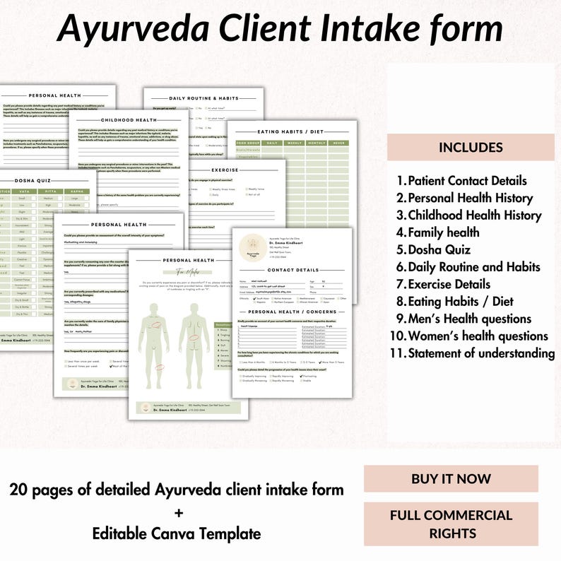 Ayurveda Client Intake Form: 20-page Canva Template (commercial License ...