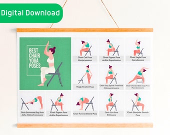 Stoelyogahoudingen: het perfecte cadeau voor gezondheids- en wellnessyoga. Iets minder dan 10 dollar. Afdrukbare digitale yogakunst. Direct downloaden
