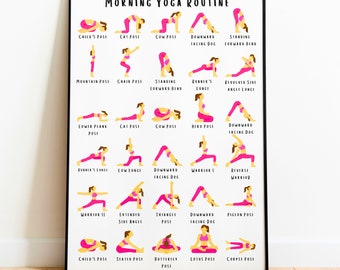 Afdrukbare ochtendyogaroutine, ochtendyogahoudingen, 30 yogahoudingen poster, yogahoudingen kunst aan de muur, yogastudio decor, yogahoudingen illustraties pdf