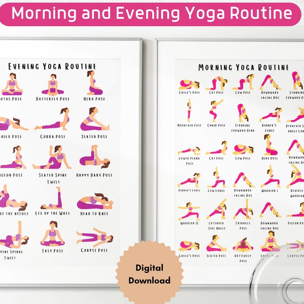 Morning and Evening Yoga Routine 2 Page Bundle: a perfect Yoga studio decor printable with yoga poses Illustrations & under 10 gift for yogi