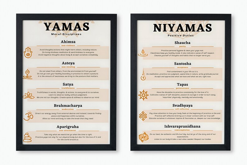 Yoga Poster, Yamas Niyamas, Set of 2, Printable Wall Decor, Asthtanga Yoga, Mindful Art, Yoga ...