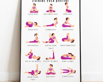 Afdrukbaar avondyogaflow: perfect yoga-, zelfzorg-, gezondheids- en wellnesscadeau voor een betere nachtrust. Yoga-illustraties: digitale download